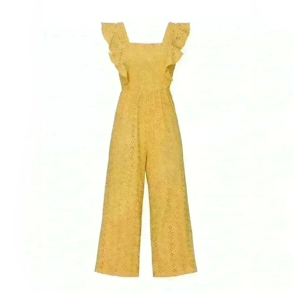 MINKPINK size small yellow embroidered floral jumpsuit with ruffles and pockets - Picture 5 of 9